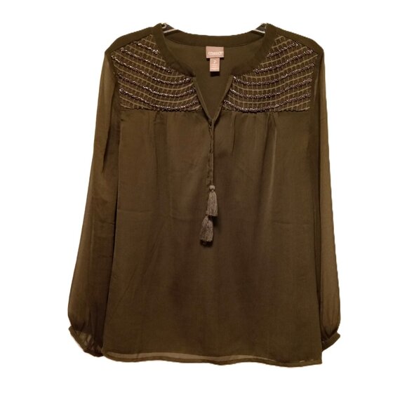 Chicos Embroidered Beaded Olive Lined Blouse Top sz 2/L  /B15 - Picture 1 of 9